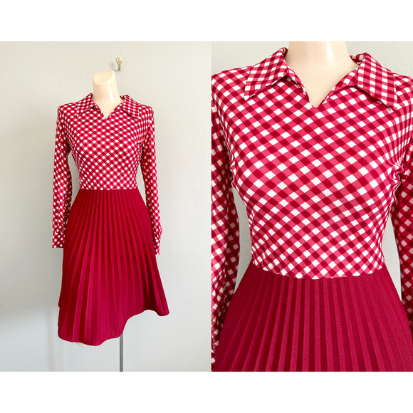 Vintage Dresses & Skirts - Vintage 60s 70s Red Check Skater Accordion Pleated Dagger Collar Mod Red Dress